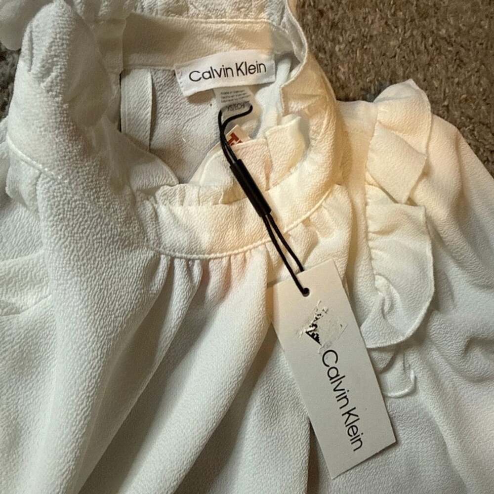 Calvin Klein Ruffle Trim Mock Neck Blouse XS